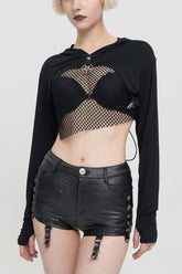 Hoodie à manches longues en maille noire punk avec perspective en maille au niveau de la poitrine et réglage par cordon de serrage à l'arrière pour femmes